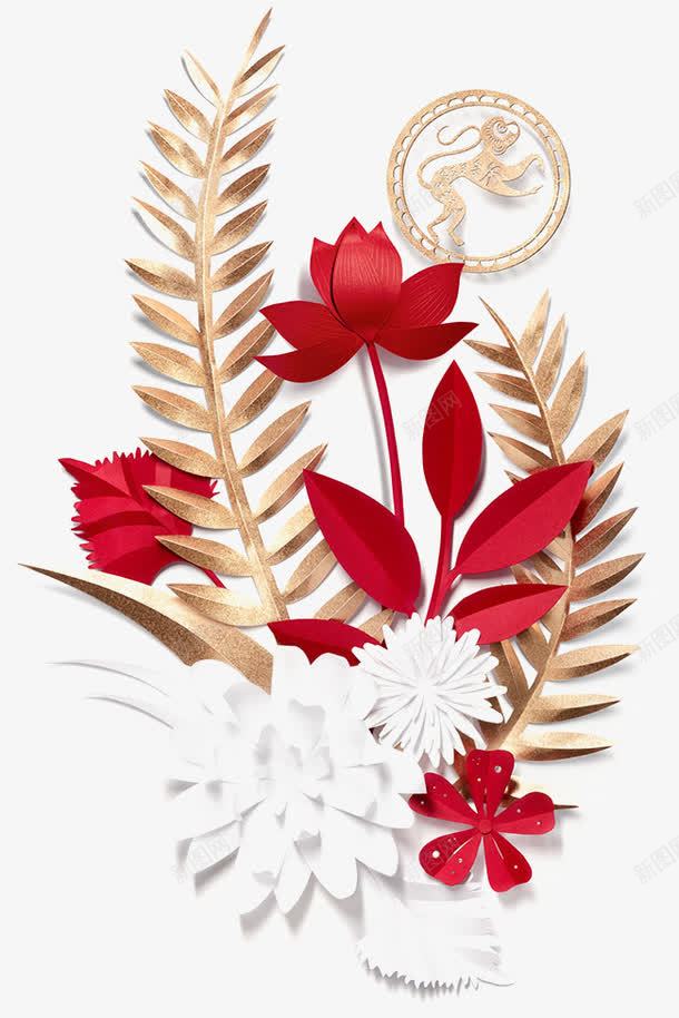 手绘植物png免抠素材_88icon https://88icon.com 叶子 植物 红色 背景装饰 金色 鲜花