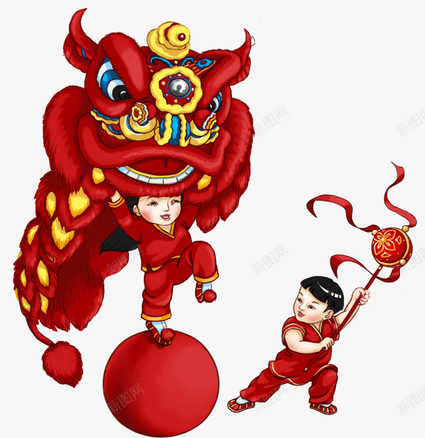 新春舞狮手绘插画psd免抠素材_88icon https://88icon.com 中国年 中国风 传统节目 卡通手绘 新春佳节 舞狮 装饰图案