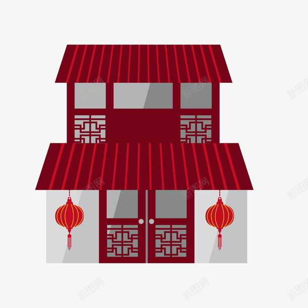 卡通中式房屋png免抠素材_88icon https://88icon.com 中国风 复古 建筑物 房屋设计 扁平化 灯笼