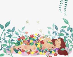 小清新文艺插图睡在花丛中的女孩素材