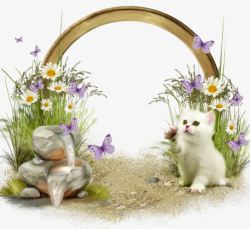小破旧石头门绿色圆圈门花丛白猫石头高清图片