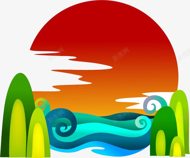 美丽夕阳风景png免抠素材_88icon https://88icon.com 仙人掌 彩色 手绘 河流 祥云 美丽 落日 阳光 风景