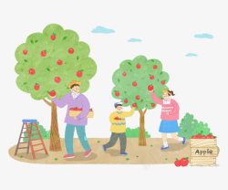 卡通果园幸福的一家人在果园采摘苹果高清图片