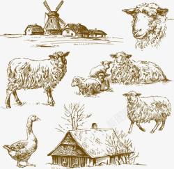 放羊手绘牧场家畜高清图片