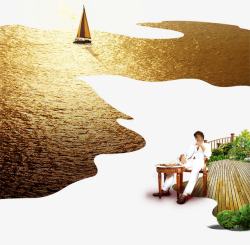 金色帆船地产海景房元素高清图片