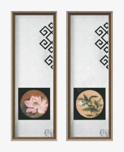 中式木框简约花卉长方形壁画素材