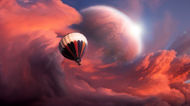 红色翻滚的云层月亮热气球海报背景背景