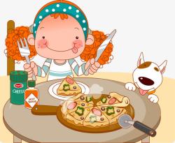 儿童披萨卡通吃披萨的女孩高清图片