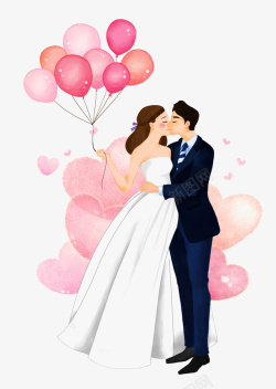 梦幻新人手绘梦幻婚礼插图爱心气球新人高清图片