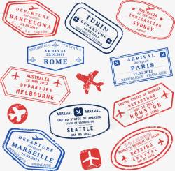 出国邮票划痕旅游印章矢量图高清图片