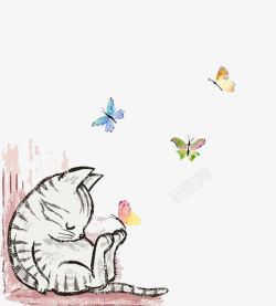 彩绘石榴图案卡通猫咪墙绘高清图片