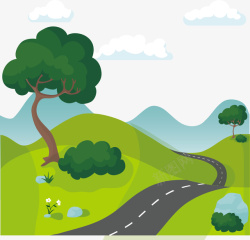 山坡与树木手绘边框彩色小山坡公路矢量图高清图片