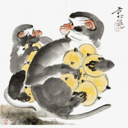 中国风水墨画两只抱枇杷的猴子免素材