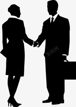 两人合作黑白商务男女合作握手剪影高清图片