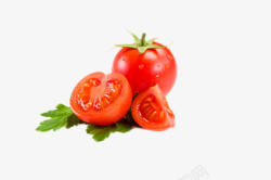 实物新鲜红色带腾切开叶子番茄素材