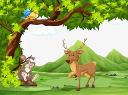 大树森林卡通兔子与麋鹿高清图片