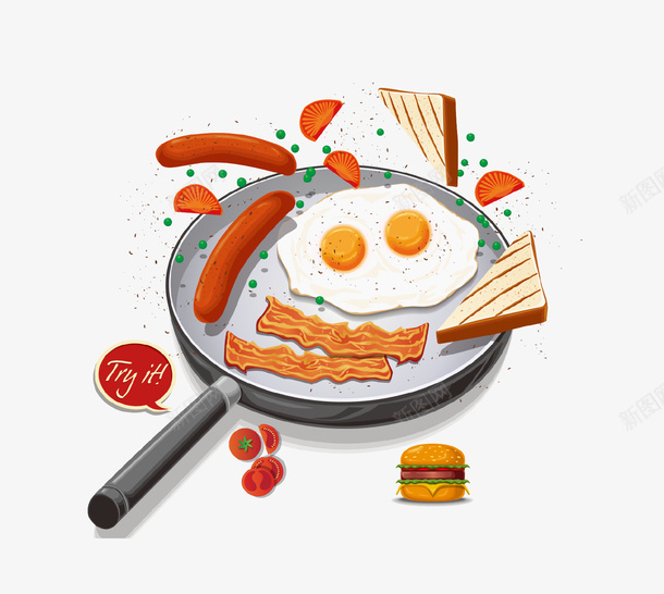 卡通平底锅美食插画png免抠素材_88icon https://88icon.com 卡通 平底锅 插画 汉堡 火腿肠 美食 蛋糕 鸡蛋饼