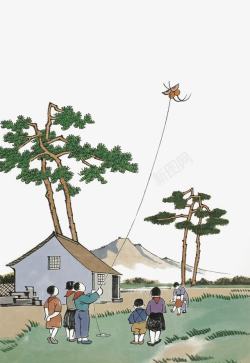 放风筝手绘一群放风筝的小朋友高清图片