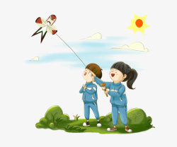 中式风筝卡通手绘放风筝的孩子高清图片