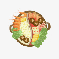 龙虾火锅手绘食物双味火锅高清图片