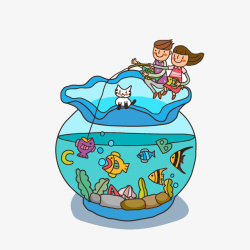 卡通学生鱼缸钓鱼素材