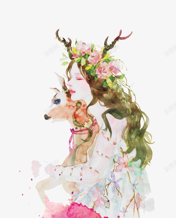 卡通手绘抱着麋鹿的女人png免抠素材_88icon https://88icon.com 卡通 手绘 手绘女孩 抱着麋鹿的女人 花环装饰 鹿角
