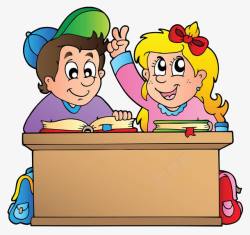 两个小孩在课桌上看书素材
