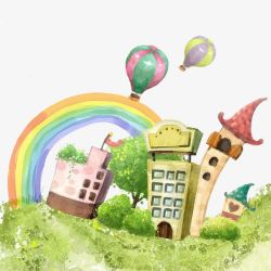热气球彩虹手绘居民区素材