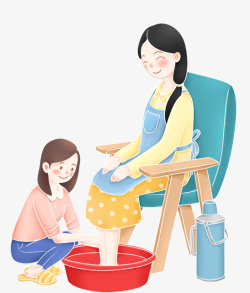 卡通给妈妈洗脚的孩子与妈妈素材