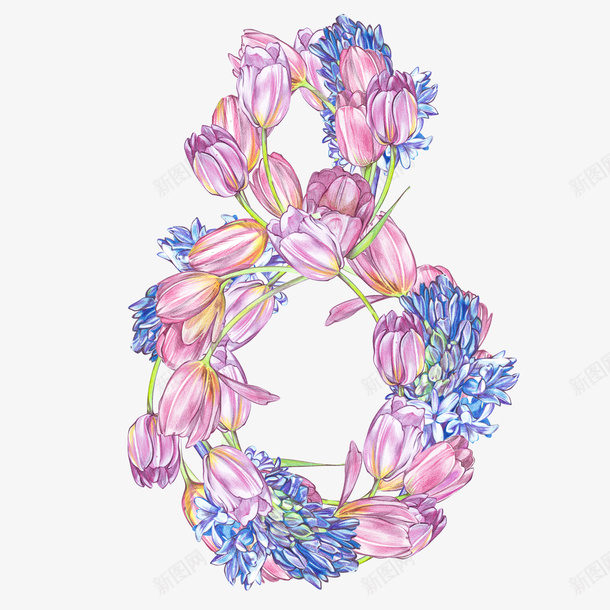手绘创意数字8图png免抠素材_88icon https://88icon.com 卡通灰色 植物 水彩 粉色 紫色 花朵 郁金香 鲜花