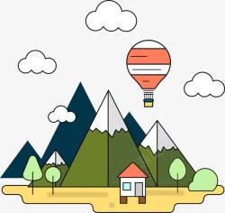 卡通山峰下的房子和热气球素材