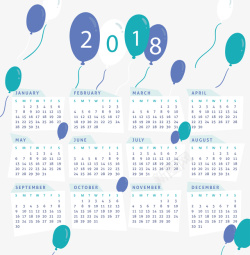 蓝绿色气球2018日历矢量图素材
