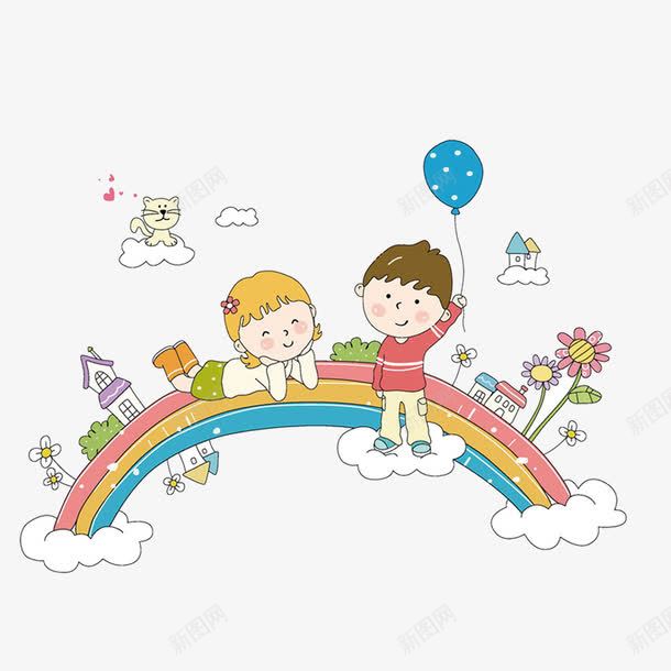 彩虹桥和儿童png免抠素材_88icon https://88icon.com 卡通 女孩 彩虹桥 手绘 气球 男孩 简图 红色的