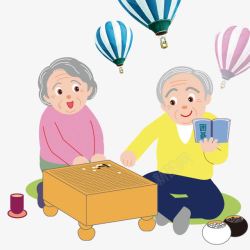气球夫妇两老年人下棋卡通手绘高清图片