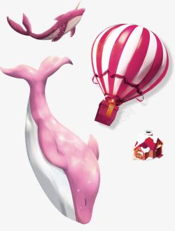 红色卡通热气球鲸鱼装饰图案素材