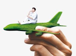 创意合成绿色植物飞机手势动作素材