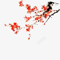 红色花卉树枝水墨画海报背景素材