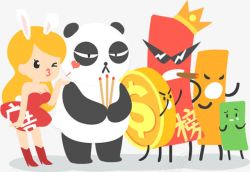 熊猫烧香金币红包女孩卡通素材
