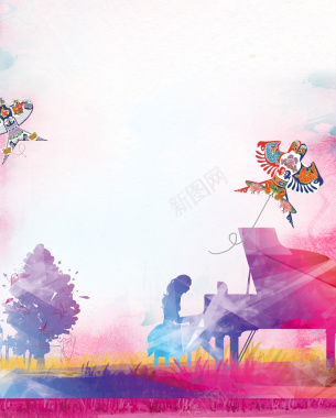 彩色弹钢琴剪影风筝节海报背景背景