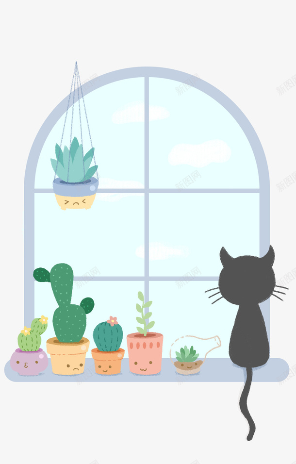 卡通手绘窗前的宠物猫png免抠素材_88icon https://88icon.com 卡通 手绘 植物 猫咪背影 盆栽装饰 窗前的宠物猫 花盆