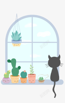 窗前卡通手绘窗前的宠物猫高清图片