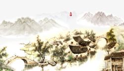 中国风手绘高山流水素材