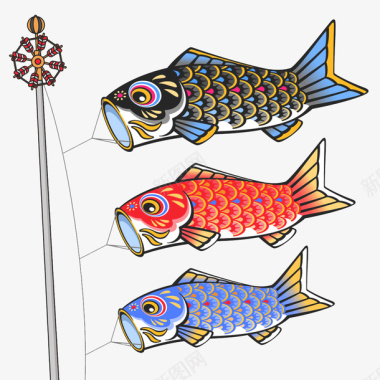矢量日本面条青红紫三色鲤鱼旗图标图标