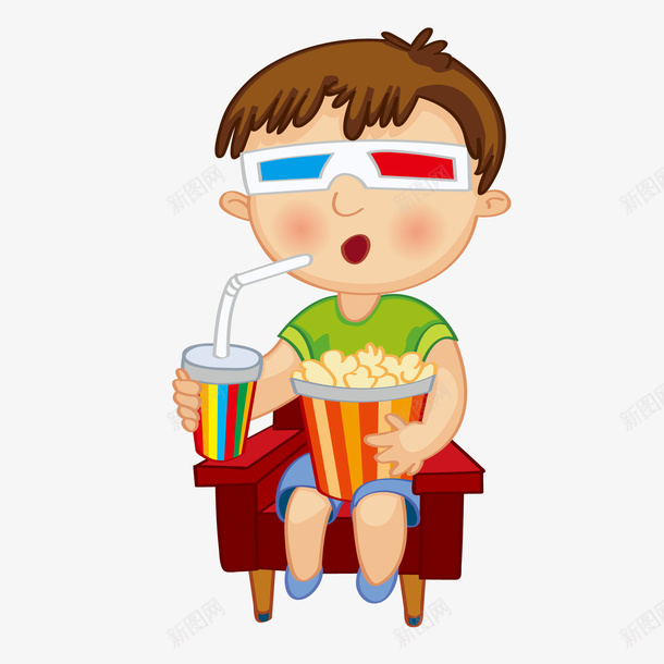 吃爆米花喝饮料的儿童png免抠素材_88icon https://88icon.com 3D电影 人物设计 爆米花 电影院 看电影