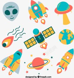 宇宙陨石火箭飞碟与外星人元素矢量图高清图片