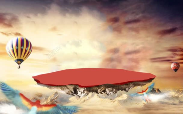 红色浮空岛热气球鹦鹉海报背景背景