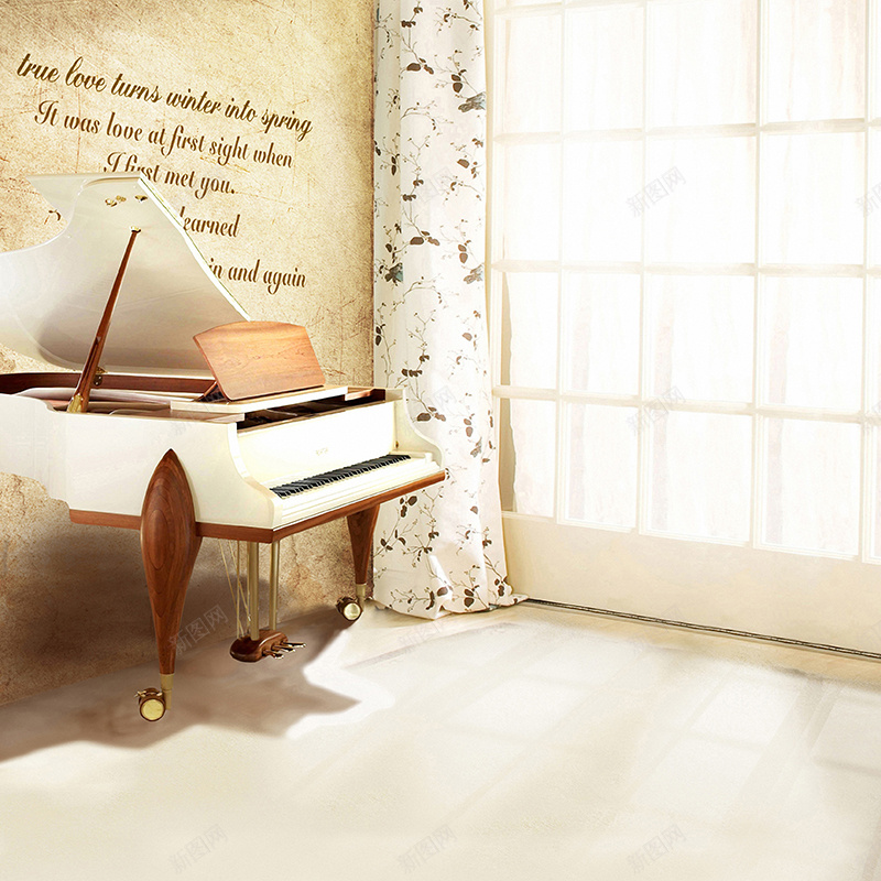 典雅钢琴背景图jpg设计背景_88icon https://88icon.com 主图 典雅 地板 家居 欧式 窗帘 落地窗 钢琴