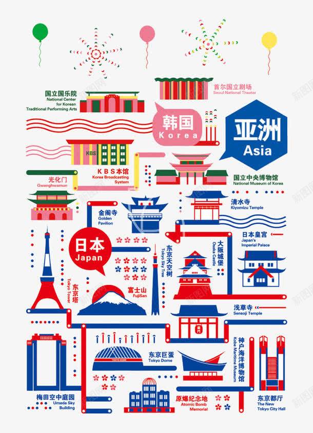 世界旅游日png免抠素材_88icon https://88icon.com 亚洲国家 几何形 平扁图形 旅游元素 日本 景点 韩国