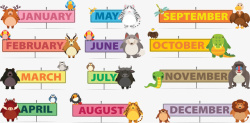 二个彩色卡通动物月份英文矢量图高清图片