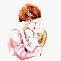 手绘水彩母亲亲吻孩子素材